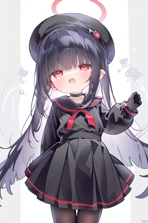  (masterpiece:1.1), (best quality:1.2), highres, original, extremely detailed wallpaper, official art,1girl, solo, long hair, (little_girl:1.2),dress,black gloves,(petite:1.1),bright_pupils,gothic_lolita,loli,looking at viewer, blush, bangs, shirt, long sleeves, hat, ribbon,,Open mouth indicating flustered,sad,tears,open mouth, outdoors, frills, red ribbon, black headwear, loli, bangs, skirt, black hair, red eyes, full body, pleated skirt, choker, miniskirt, blunt bangs, gradient, black pantyhose, black choker, halo,thighband pantyhose,