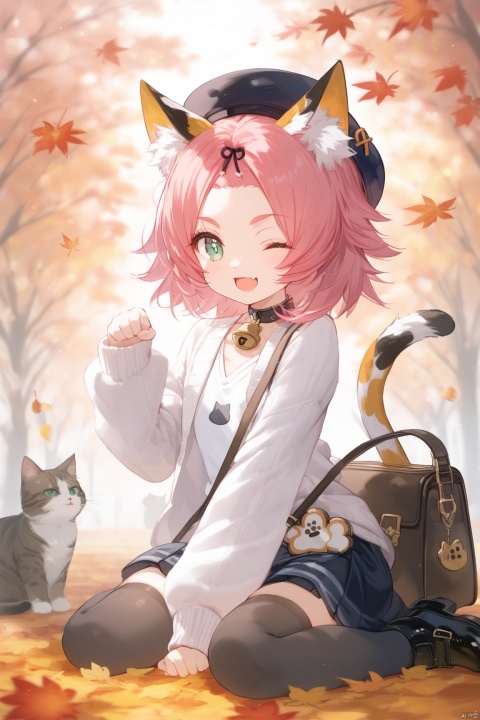  masterpiece,best quality,high quality,loli, 1girl, solo, looking at viewer, smile, short hair, open mouth, skirt, thighhighs, long sleeves, hat, animal ears, sitting, green eyes, tail, pink hair, outdoors, one eye closed, shoes, choker, fang, black thighhighs, cat ears, black skirt, bag, black footwear, sweater, tree, cat tail, animal ear fluff, black headwear, bell, leaf, beret, wariza, ;d, cat girl, neck bell, paw pose, handbag, shoulder bag, white sweater, autumn, diona \(genshin impact\),
