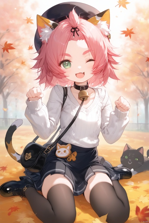  masterpiece,best quality,high quality,loli, 1girl, solo, looking at viewer, smile, short hair, open mouth, skirt, thighhighs, long sleeves, hat, animal ears, sitting, green eyes, tail, pink hair, outdoors, one eye closed, shoes, choker, fang, black thighhighs, cat ears, black skirt, bag, black footwear, sweater, tree, cat tail, animal ear fluff, black headwear, bell, leaf, beret, wariza, ;d, cat girl, neck bell, paw pose, handbag, shoulder bag, white sweater, autumn, diona \(genshin impact\),