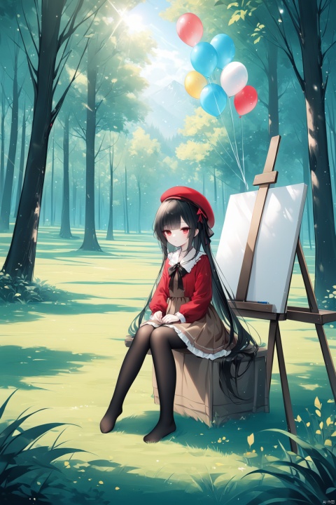 loli,1girl, solo, long hair, bangs, skirt, black hair, long sleeves, hat, dress, sitting, very long hair, pantyhose, outdoors, no shoes, day, tree, black pantyhose, beret, sunlight, grass, nature, scenery, red headwear, forest, brown skirt, balloon,easel,[iumu],[Sheya],[Artist chen bin], masterpiece,best quality,high quality,