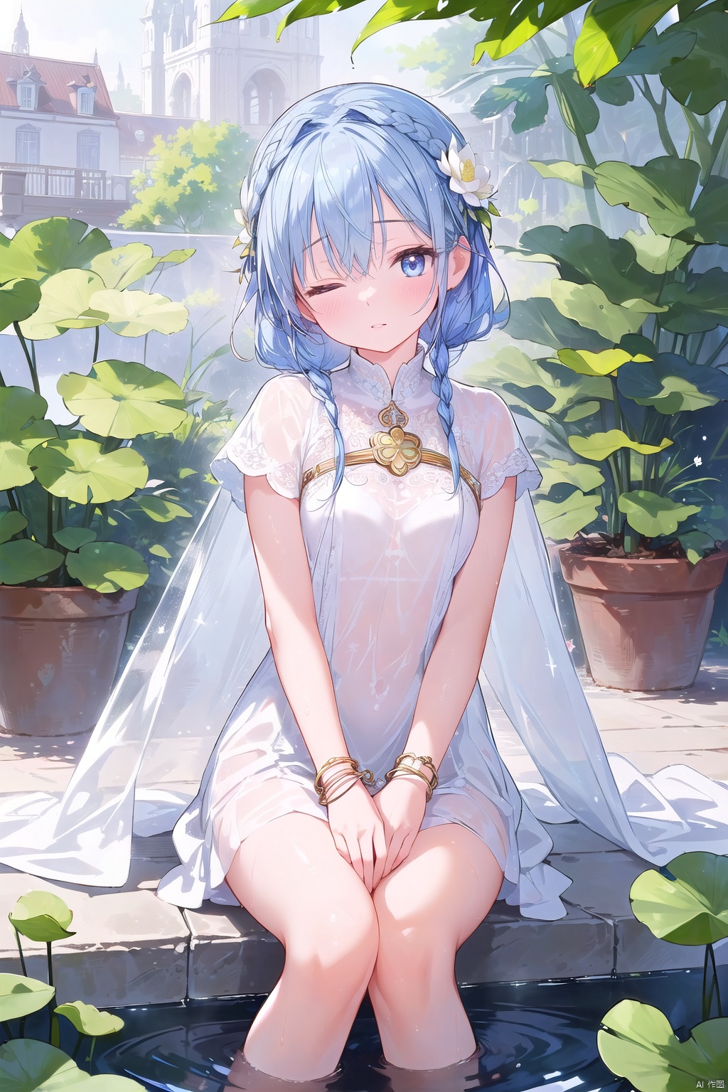 {( with blue eyes, long pale gold hair braided into a flying bun and exquisite hair accessories,long hair),

(Clear facial features, charming eyes, beautiful double eyelids, delicate nose, small mouth, pink lips, baby-like cheeks,loli),

(beautiful, perfect, exquisite),

(There are beautiful flowers, plants and birds in the misty valley, magnificent and historical),

(Wearing exquisite cassocks, bracelets, anklets and elegant ribbons, barefoot, dreamy and elegant,see through dress,white cloth,wet clothes,wet),

((Eyes slightly open, hands pinching in front of chest, sitting cross-legged on a lotus, photo: 1.3, RAW file format, master-level illustration work, 32k ultra-high-definition wallpaper, best CG. Gorgeous Sense. Dynamic sense. Vivid sense)): 1.4, 
