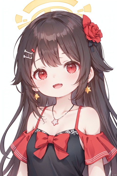  masterpiece,best quality,high quality,loli,1girl, solo, long hair, looking at viewer, smile, open mouth, bangs, brown hair, black hair, hair ornament, red eyes, bare shoulders, jewelry, collarbone, earrings, one eye closed, teeth, hairclip, hand up, necklace, nail polish, v, fangs, ;d, portrait, red nails, , 30710