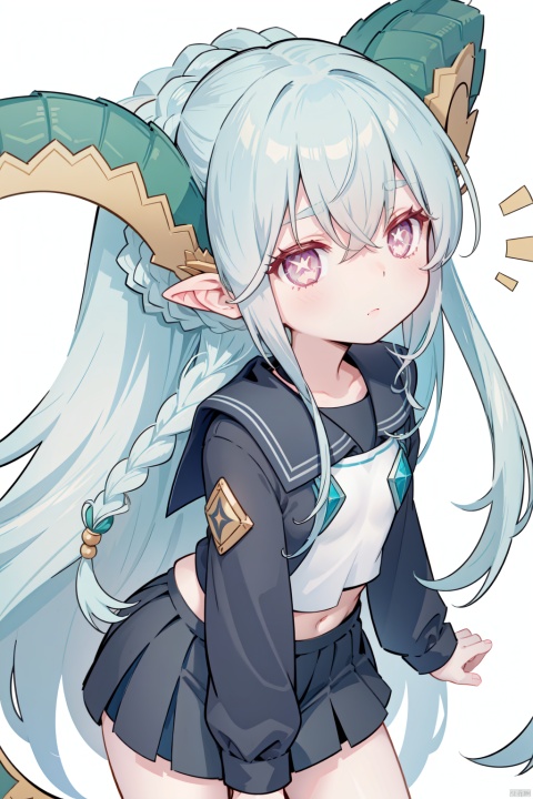 tiamat_(fate),1girl,curled_horns,symbol-shaped_pupils,small_breasts,solo,looking_at_viewer,braid,+_+,、best quality, highly detailed,symbol-shaped_pupils,loli,serafuku