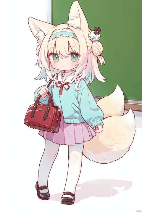  1girl, solo, long hair, looking at viewer, blush, bangs, skirt, blonde hair, simple background, shirt, long sleeves, white background, holding, animal ears, hair between eyes, closed mouth, green eyes, standing, tail, full body, ahoge, white hair, pantyhose, multicolored hair, hairband, shoes, alternate costume, two side up, animal ear fluff, fox ears, fox tail, aged down, blue shirt, fox girl, multiple tails, child, pink skirt, white pantyhose, blue footwear, Whiteboard, female child, blue hairband, kitsune, kindergarten uniform, kyuubi, holding Whiteboard, loli, , 1girl