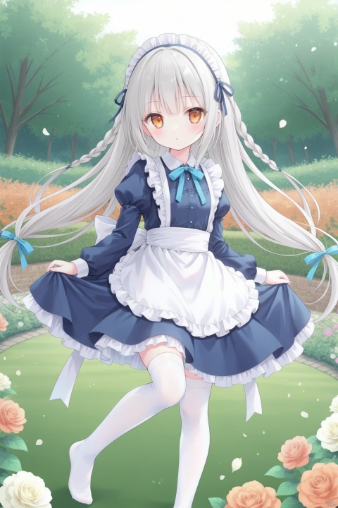 1girl,long_hair,braid,dress,frills,twin_braids,thighhighs,blue_dress,very_long_hair,apron,frilled_dress,looking_at_viewer,long_sleeves,lolita_fashion,hairband,orange_eyes,maid,ribbon,white_hair,flat_color,no_shoes,bangs,puffy_sleeves,breasts,juliet_sleeves,petticoat,chobits chi,chobits eyes,chobits hair tubes,flowers,garden,masterpiece,best quality, ray tracing,loli