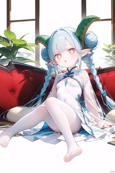  1girl, solo, long hair, looking at viewer, blush, pointy ears, round face,(petite child:1.2),tiamat_(fate),curled_horns,horns,symbol-shaped_pupils,small_breasts,solo,looking_at_viewer,braid,+_+, dress, bow, sitting, very long hair, full body, yellow eyes, hair bow, pantyhose, hair bun, white dress, feet, window, double bun, no shoes, chinese clothes, couch, white pantyhose,pointy ears, round face,(petite child:1.2),tiamat_(fate),curled_horns,symbol-shaped_pupils,small_breasts,solo,looking_at_viewer,braid,+_+,