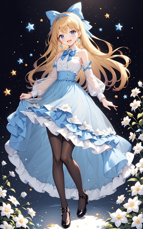 1girl, solo, long hair, looking at viewer, smile, open mouth, bangs, blue eyes, skirt, blonde hair, shirt, long sleeves, dress, bow, bare shoulders, jewelry, standing, full body, white shirt, flower, :d, pantyhose, hairband, earrings, frills, detached sleeves, shoes, puffy sleeves, bowtie, star \(symbol\), black footwear, blue skirt, see-through, black pantyhose, blue bow, white flower, puffy long sleeves, high-waist skirt, blue bowtie, blue hairband, see-through sleeves,