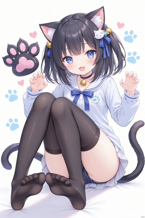  masterpiece,best quality,high quality,(colorful),1girl, solo, looking at viewer, smile, open mouth, bangs, blue eyes, black hair, thighhighs, long sleeves, white background, animal ears, tail, full body, :d, heart, shorts, socks, virtual youtuber, cat ears, feet, cat tail, bell, toes, :3, no shoes, soles, cat girl, neck bell, tail ornament, foot focus, claw pose, paw print, loli,Kantoku
