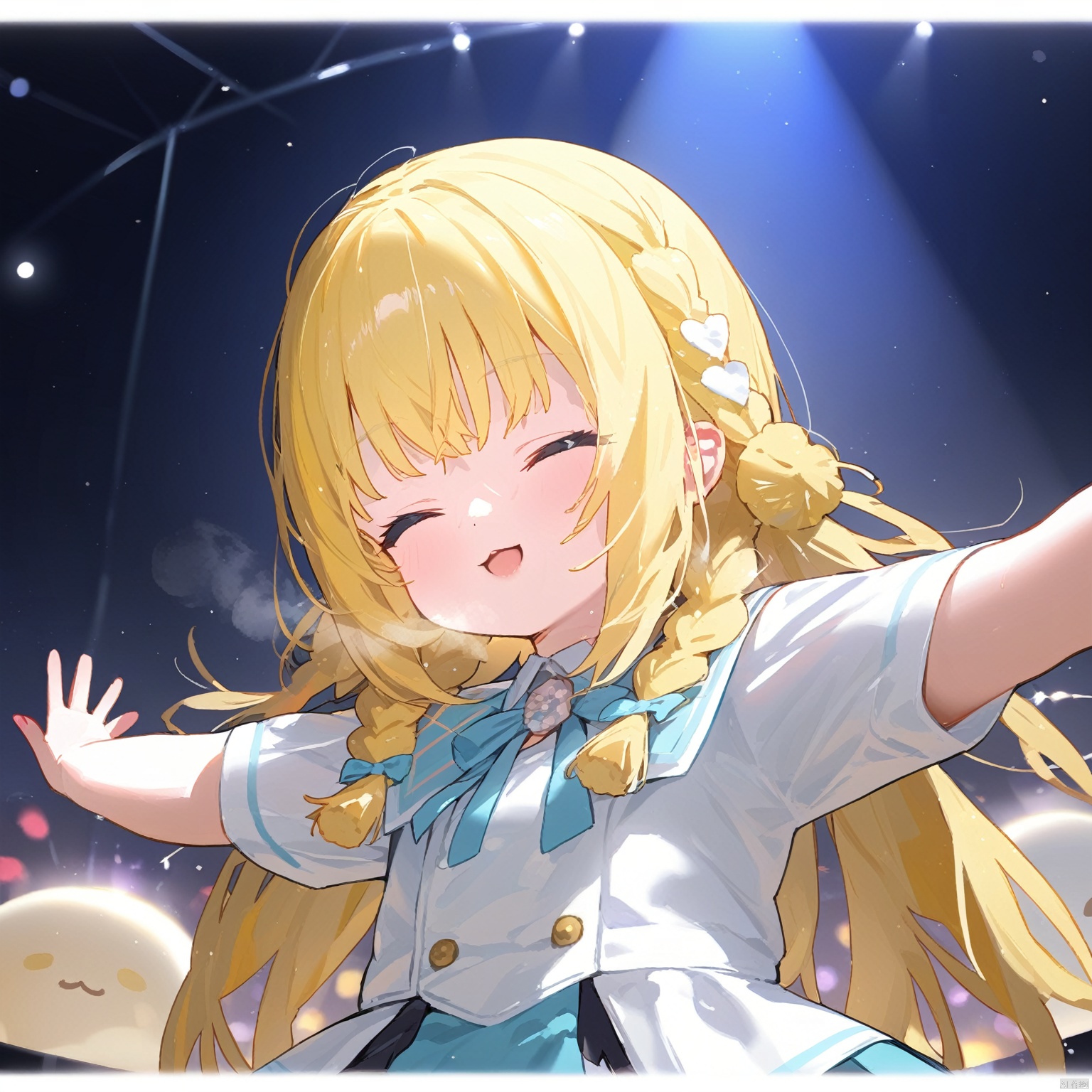 masterpiece,best quality,high quality,loli,1girl, solo, long hair, smile, blonde hair, closed eyes, braid, virtual youtuber, twin braids, outstretched arms, letterboxed,：3,imminent kiss,heavy breathing, in heat,idol,stage,idol clothes,keli,(\ke li\)