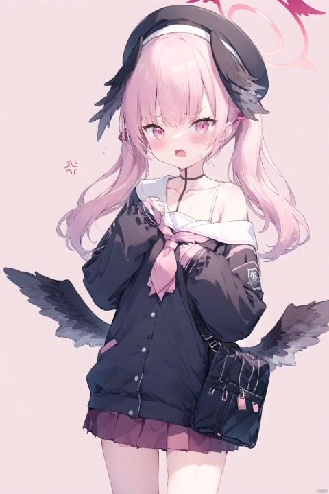 1girl, solo, long hair, blush, open mouth, simple background, long sleeves, hat, white background, twintails, school uniform, collarbone, pink hair, wings, pink eyes, sailor collar, off shoulder, bag, neckerchief, sleeves past wrists, black headwear, beret, halo, head wings, anger vein, black wings, white sailor collar, @ @, pink neckerchief, winged hat, koharu \(blue archive\),下江小春