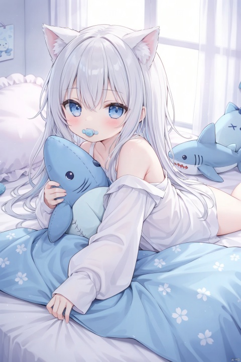 masterpiece, bestquality,1girl, solo, long hair, looking at viewer, blush, bangs, blue eyes, long sleeves, animal ears, hair between eyes, indoors, cat ears, sleeves past wrists, pillow, bed sheet, stuffed toy, stuffed animal, on stomach,under covers, stuffed cat, stuffed shark,Covering the quilt,Soothing pacifier,white hair, ribbon, bare shoulders, white shirt, oversized clothes