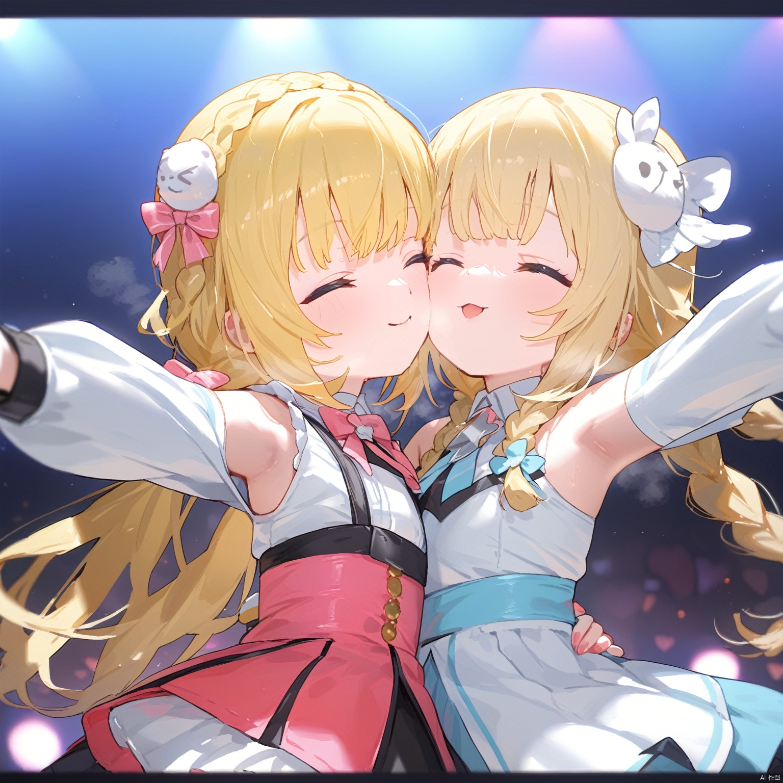 masterpiece,best quality,high quality,loli,1girl, solo, long hair, smile, blonde hair, closed eyes, braid, virtual youtuber, twin braids, outstretched arms, letterboxed,：3,imminent kiss,heavy breathing, in heat,idol,stage,idol clothes,keli,(\ke li\)