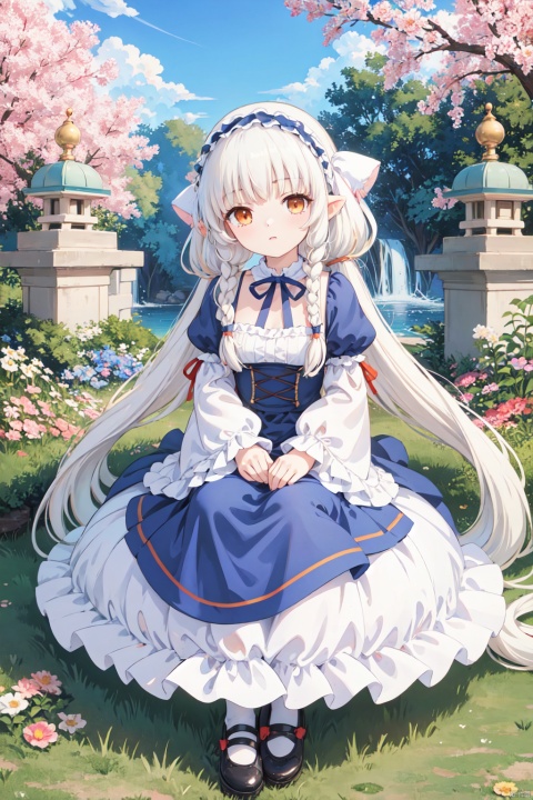  1girl,long_hair,braid,dress,frills,twin_braids,thighhighs,blue_dress,very_long_hair,apron,frilled_dress,looking_at_viewer,long_sleeves,lolita_fashion,hairband,orange_eyes,maid,ribbon,white_hair,flat_color,no_shoes,bangs,puffy_sleeves,breasts,juliet_sleeves,petticoat,chobits chi,chobits eyes,chobits hair tubes,flowers,garden,masterpiece,best quality, ray tracing,loli, Anime