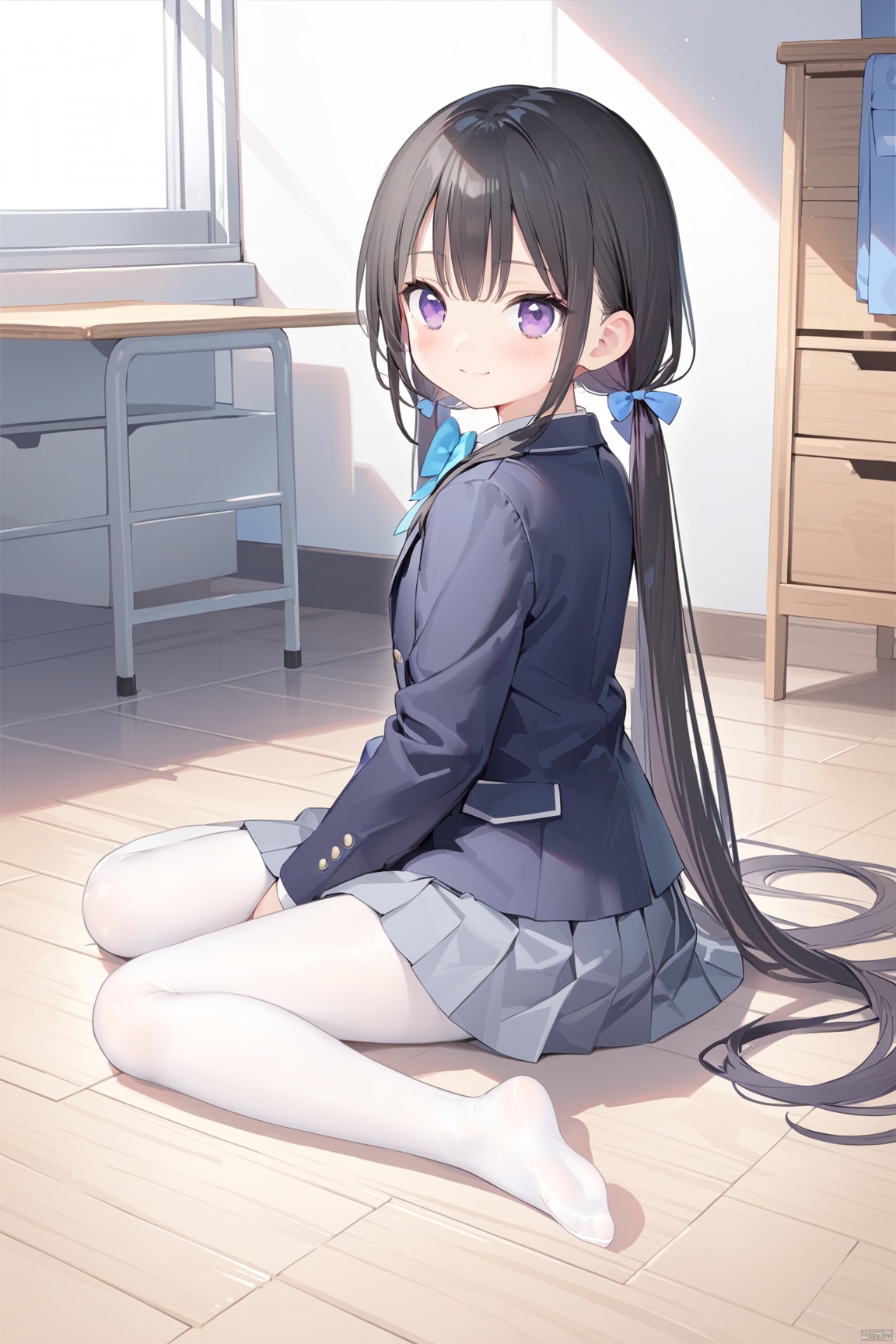  1girl, solo, long hair, looking at viewer, blush, smile, bangs, skirt, shirt, black hair, long sleeves, bow, twintails, sitting, very long hair, closed mouth, school uniform, purple eyes, jacket, full body, pantyhose, pleated skirt, indoors, bowtie, low twintails, blue bow, no shoes, table, blazer, grey skirt, white pantyhose, wooden floor, blue bowtie,shoulder,loli,looking back, from behind,