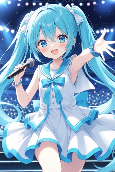 1girl, solo, long hair, blush, smile, open mouth, blue eyes, dress, twintails, jewelry, very long hair, blue hair, :d, sleeveless, sailor collar, white dress, bracelet, aqua hair, sleeveless dress, scrunchie, outstretched arm, stage, hatsune miku,idol,stage,idol clothes, loli