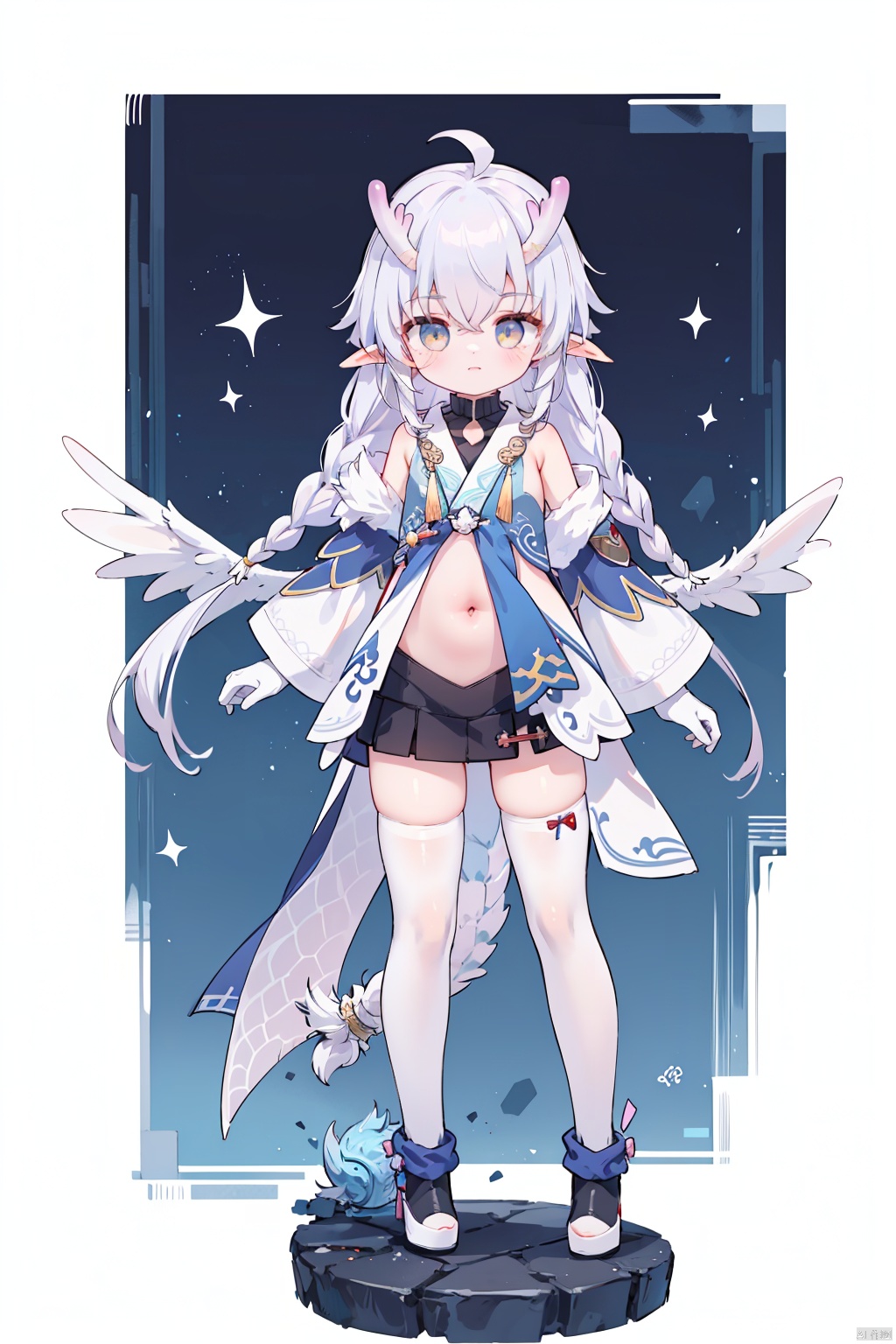 masterpiece,best quality,high quality,(colorful),1girl,horns,solo,tail,wings,pointy ears,white hair,thighhighs,long hair,navel,single thighhigh,dragon girl,very long hair,gloves,hair bun,double bun,dragon tail,full body,looking at viewer,braid,white eyes,white thighhighs,standing,forehead,dragon horns,flat chest,white gloves,breasts,,white legwear,small breasts,dragon wings, 
