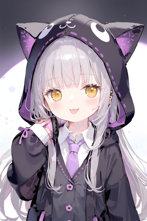 1girl, solo, long hair, looking at viewer, blush, smile, bangs, shirt, long sleeves, jacket, yellow eyes, upper body, grey hair, open clothes, necktie, tongue, collared shirt, hood, tongue out, blunt bangs, sleeves past wrists, black shirt, headphones, :p, hood up, animal hood, purple necktie, murasaki shion,loli, tinkle,dynamic pose,dynamic angle ,