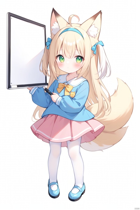 1girl, solo, long hair, looking at viewer, blush, bangs, skirt, blonde hair, simple background, shirt, long sleeves, white background, holding, animal ears, hair between eyes, closed mouth, green eyes, standing, tail, full body, ahoge, white hair, pantyhose, multicolored hair, hairband, shoes, alternate costume, two side up, animal ear fluff, fox ears, fox tail, aged down, blue shirt, fox girl, multiple tails, child, pink skirt, white pantyhose, blue footwear, Whiteboard, female child, blue hairband, kitsune, kindergarten uniform, kyuubi, holding Whiteboard, loli, 