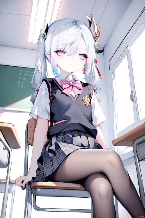 [iumu],[Sheya],[Artist chen bin], masterpiece,best quality,high quality,loli,shenhe , 1girl, solo, blush, bangs, skirt, shirt,bow, hair between eyes, twintails, sitting, closed mouth, school uniform, white shirt, white hair, short sleeves, pantyhose, multicolored hair, pleated skirt,no shoes, solo focus, indoors, bowtie, black skirt, vest, plaid, black pantyhose, chair, looking away, from below, crossed legs, pink bow, desk, sweater vest, classroom, school desk, pink bowtie, school chair