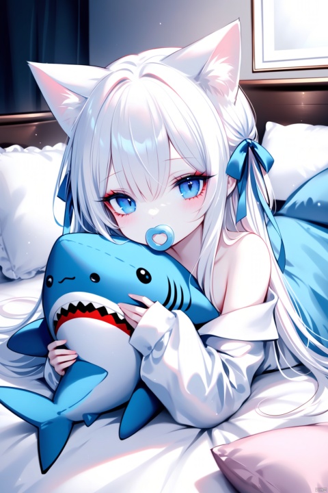 [iumu],[Sheya],[Artist chen bin],  masterpiece, bestquality,1girl, solo, long hair, looking at viewer, blush, bangs, blue eyes, long sleeves, animal ears, hair between eyes, indoors, cat ears, sleeves past wrists, pillow, bed sheet, stuffed toy, stuffed animal, on stomach,under covers, stuffed cat, stuffed shark,Covering the quilt,Soothing pacifier,white hair, ribbon, bare shoulders, white shirt, oversized clothes,