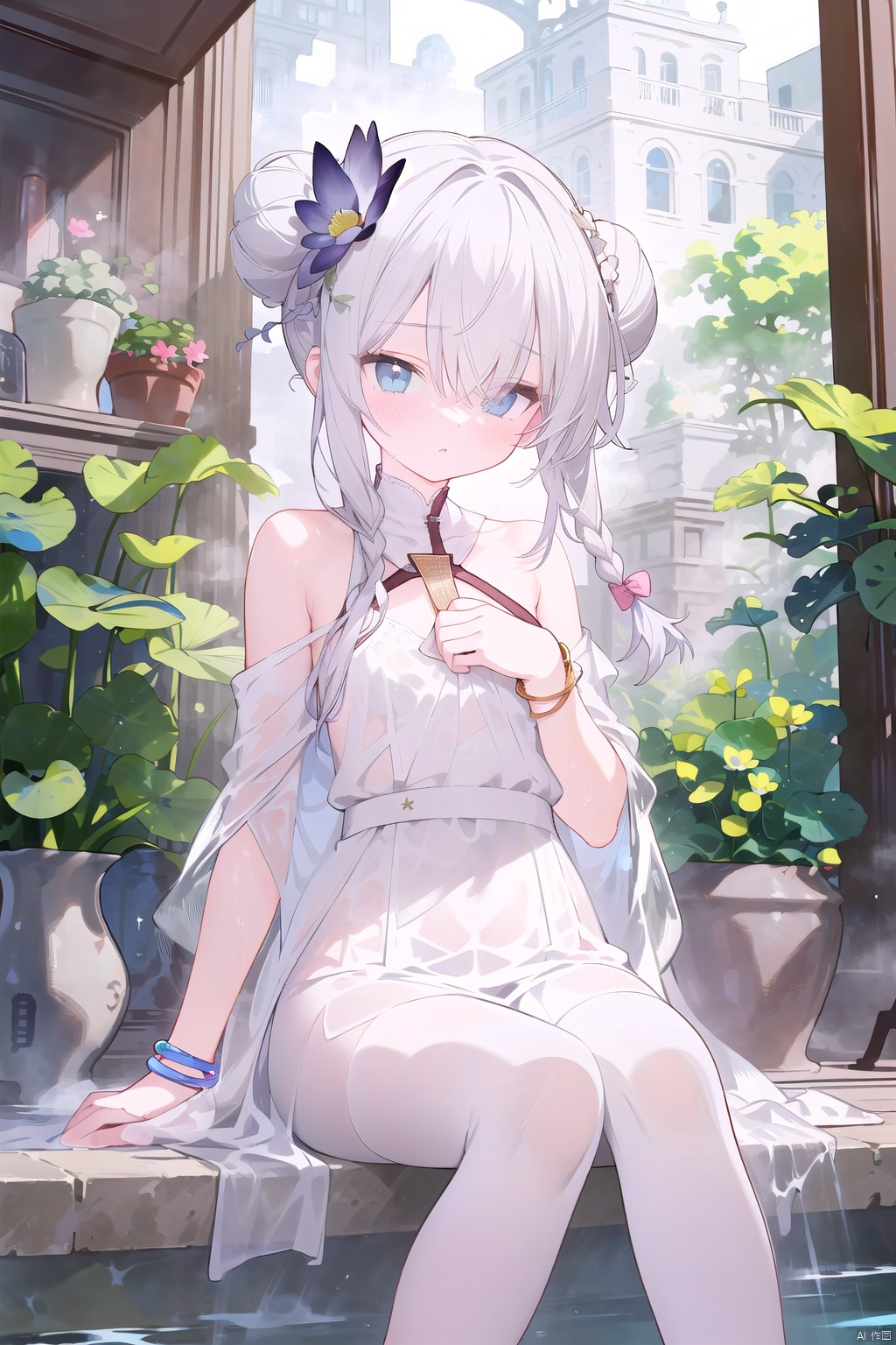 {( with blue eyes, long pale gold hair braided into a flying bun and exquisite hair accessories,long hair),

(Clear facial features, charming eyes, beautiful double eyelids, delicate nose, small mouth, pink lips, baby-like cheeks,loli),

(beautiful, perfect, exquisite),

(There are beautiful flowers, plants and birds in the misty valley, magnificent and historical),

(Wearing exquisite cassocks, bracelets, anklets and elegant ribbons, barefoot, dreamy and elegant,see through dress,white cloth,wet clothes,wet),

((Eyes slightly open, hands pinching in front of chest, sitting cross-legged on a lotus, photo: 1.3, RAW file format, master-level illustration work, 32k ultra-high-definition wallpaper, best CG. Gorgeous Sense. Dynamic sense. Vivid sense)): 1.4, , white pantyhose