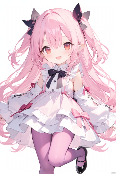 1girl, solo, long hair, looking at viewer, blush, smile, open mouth, bangs, red eyes, long sleeves, dress, bow, ribbon, hair between eyes, very long hair, hair ribbon, pink hair, :d, pantyhose, frills, detached sleeves, shoes, sleeveless, pointy ears, puffy sleeves, virtual youtuber, wide sleeves, black footwear, white dress, two side up, sleeves past wrists, black ribbon, sleeveless dress, puffy long sleeves, white sleeves, purple pantyhose,loli