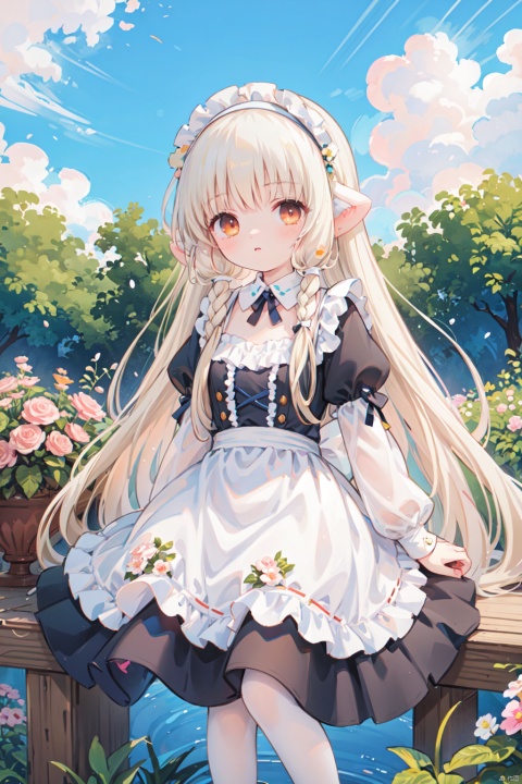 1girl,long_hair,braid,dress,frills,twin_braids,thighhighs,blue_dress,very_long_hair,apron,frilled_dress,looking_at_viewer,long_sleeves,lolita_fashion,hairband,orange_eyes,maid,ribbon,white_hair,flat_color,no_shoes,bangs,puffy_sleeves,breasts,juliet_sleeves,petticoat,chobits chi,chobits eyes,chobits hair tubes,flowers,garden,masterpiece,best quality,