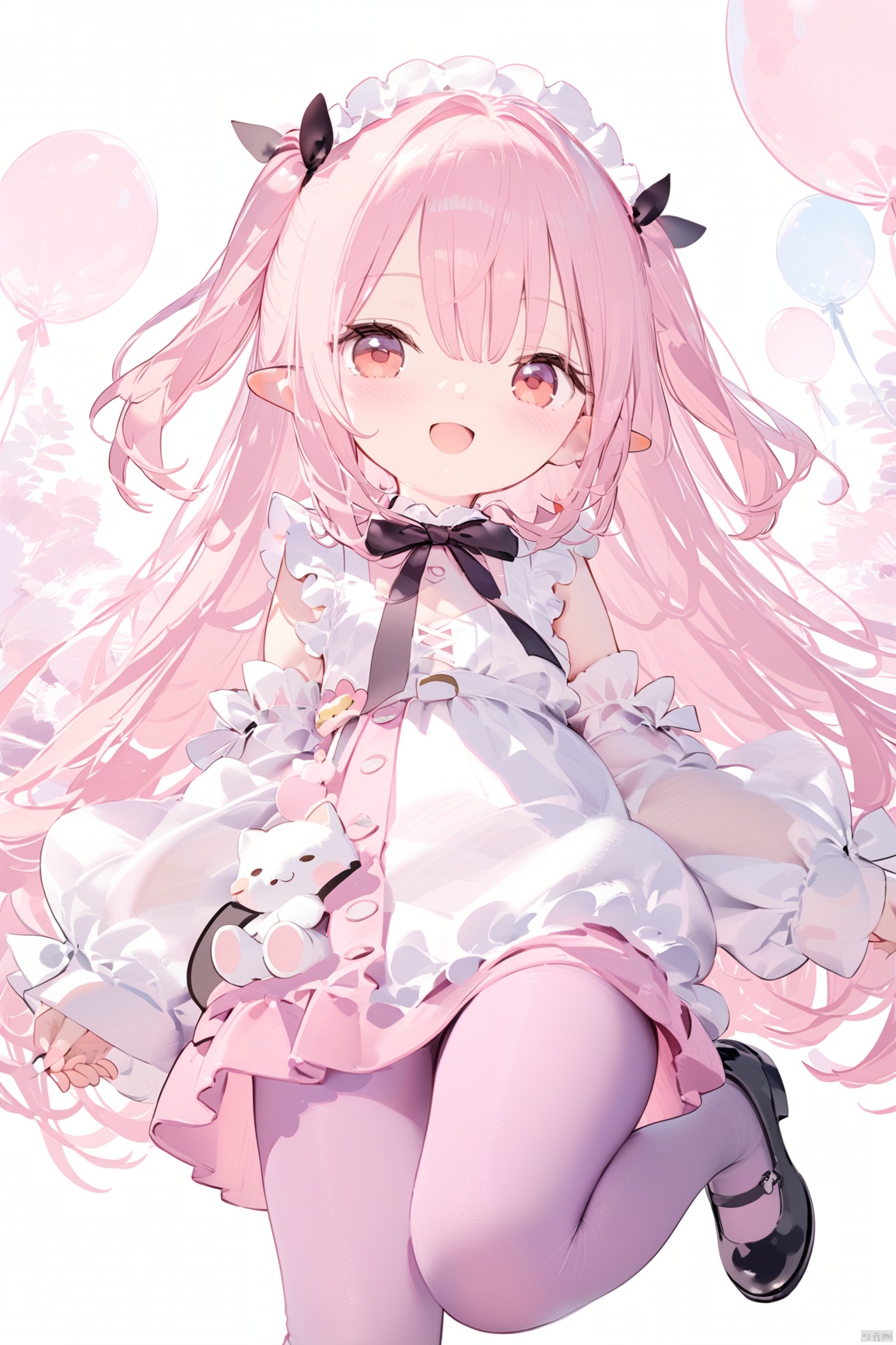 1girl, solo, long hair, looking at viewer, blush, smile, open mouth, bangs, red eyes, long sleeves, dress, bow, ribbon, hair between eyes, very long hair, hair ribbon, pink hair, :d, pantyhose, frills, detached sleeves, shoes, sleeveless, pointy ears, puffy sleeves, virtual youtuber, wide sleeves, black footwear, white dress, two side up, sleeves past wrists, black ribbon, sleeveless dress, puffy long sleeves, white sleeves, purple pantyhose,loli
