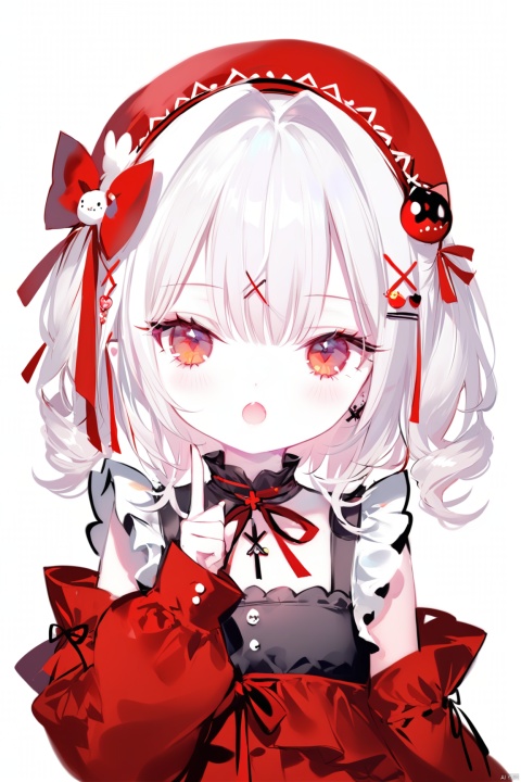 1girl, solo, looking at viewer, blush, short hair, open mouth, bangs, hair ornament, red eyes, long sleeves, ribbon, upper body, white hair, hairband, frills, virtual youtuber, drill hair, hair intakes, x hair ornament, index finger raised,loli, [iumu],[Sheya],[Artist chen bin],