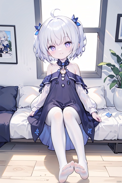 pov,from_above,1girl,loli,solo,white hair,gray eyes,white off-shoulder frilled dress ,white pantyhose,No shoes,purple ribbon,smile,indoors,Loft Bedroom Under Circular Window,sitting ,yokozuwari,huge ahoge,conservatory,frilled neck ring,collarbone,two_side_up,body blush,blush,pale_skin,super detailed skin,eyeliner,eyelashes,swept_bangs,hair ornament,leaf,Lush flowers,tassel,loose dress,reflection,ray tracing,chiaroscuro, Brilliant Colorful Paintings, loli, TB,(little_girl:1.2),(petite:1.1),bright_pupils,blue eyes,short hair,gothic_lolita,dress