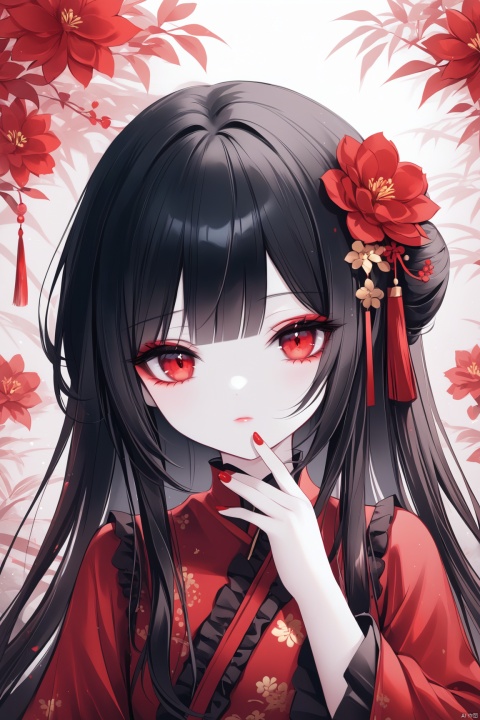 [iumu],[Sheya],[Artist chen bin], masterpiece,best quality,high quality,1girl, solo, long hair, looking at viewer, bangs, black hair, hair ornament, red eyes, long sleeves, closed mouth, upper body, flower, frills, chines clothes, hand up, hair flower, blunt bangs, nail polish, makeup, red flower, tassel, red nails, hime cut,