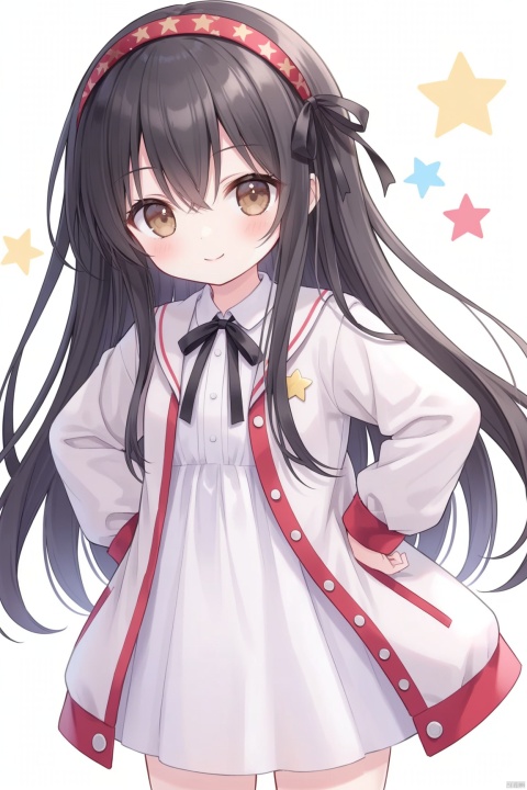 1girl, solo, long hair, looking at viewer, blush, smile, bangs, black hair, long sleeves, white background, dress, ribbon, hair between eyes, brown eyes, closed mouth, standing, jacket, hairband, open clothes, star \(symbol\), white dress, open jacket, black ribbon, neck ribbon, hands on hips, red hairband,loli