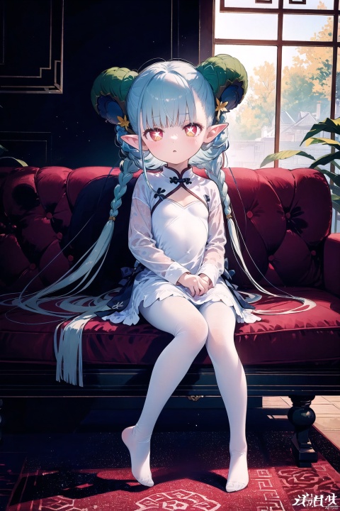 1girl, solo, long hair, looking at viewer, blush,  dress, bow, sitting, very long hair, full body, yellow eyes, hair bow, pantyhose, hair bun, white dress, feet, window, double bun, no shoes, chinese clothes, couch, white pantyhose,White hair,pointy ears, round face,(petite child:1.2),tiamat_(fate),curled_horns,symbol-shaped_pupils,small_breasts,solo,looking_at_viewer,braid,+_+,nai3
