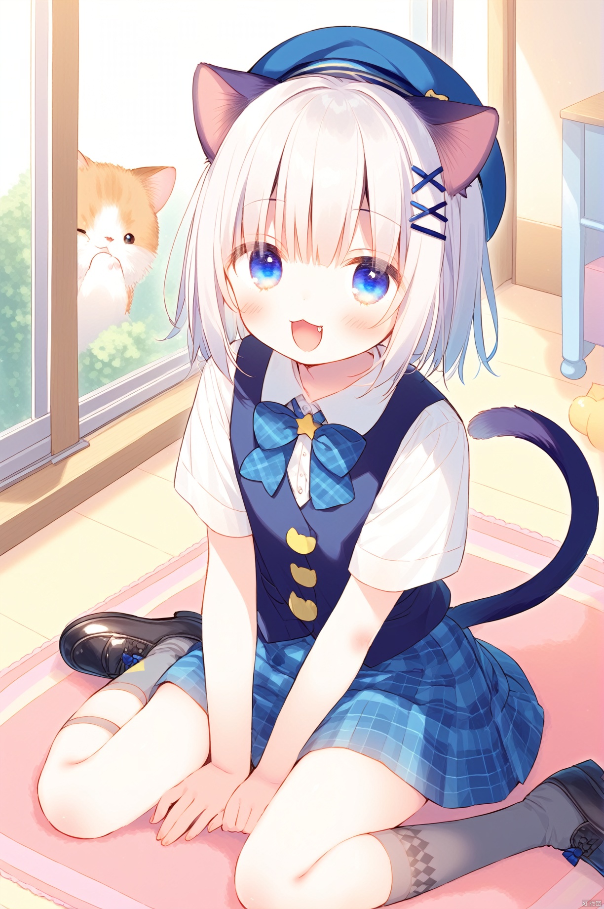 1girl, blue eyes, wariza, sitting, tail, hair ornament, socks, solo, looking at viewer, white hair, cat tail, open mouth, skirt, hat, shirt, plaid, tail ornament, animal ears, window, indoors, white shirt, cat ears, paw pose, shoes, bangs, black footwear, short sleeves, fang, vest, bow, between legs, stuffed toy, grey socks, string of flags, blue bow, blue headwear, hairclip, stuffed cat, x hair ornament, black socks, smile, hand between legs, stuffed animal, jewelry, kneehighs, hand up, star \(symbol\), blue skirt, cat, plaid, argyle legwear, argyle