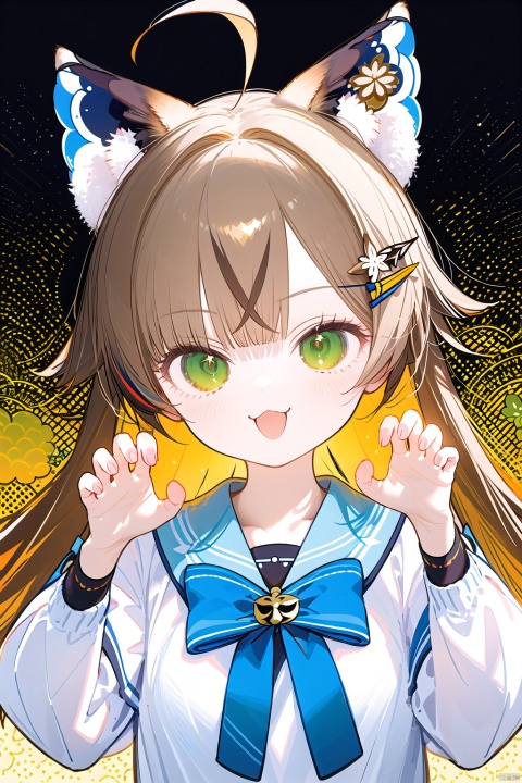  ((best quality)),((masterpiece)),((ultra-detailed)),(illustration),(detailed light),(an extremely delicate and beautiful),1girl, solo, long hair, looking at viewer, blush, smile, open mouth, bangs, blonde hair, brown hair, shirt, hair ornament, animal ears, green eyes, white shirt, ahoge, :d, multicolored hair, hairclip, fang, virtual youtuber, streaked hair, :3, claw pose, , 1girl, kiraragenshin