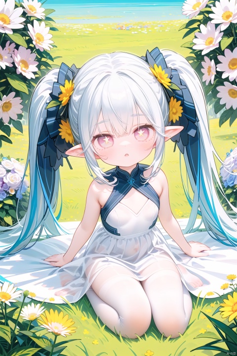 ((best quality)),((masterpiece)),((ultra-detailed)),(illustration),(detailed light),(an extremely delicate and beautiful),
twintails, 1girl, pointy ears, round face,(petite child:1.2),tiamat_(fate),curled_horns,symbol-shaped_pupils,small_breasts,solo,looking_at_viewer,braid,+_+,
Wallpaper,1girl,(girl middle of flower:1.4),clear sky,outside,sitting on the ground,(pure white dress, pure white silk cloth:1.5),(ground of flowers, thousand of flowers, colorful flowers, flowers around her, various flowers:1.51),young,stunning,attractive,
, white pantyhose