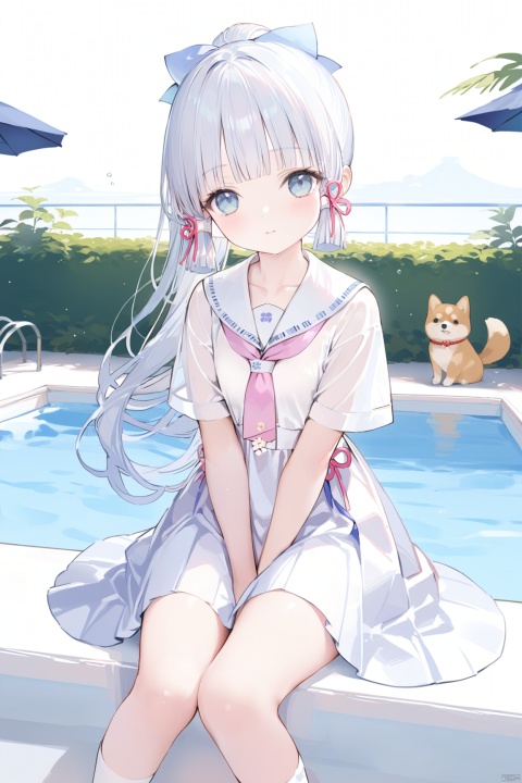  masterpiece,best quality,high quality,loli, shiba inu, kamisato ayaka, 1girl, solo, long hair, bangs, white_hair,dress, bow, sitting, ponytail, short sleeves, hair bow, outdoors,no shoes, day, socks, sailor collar, water, white dress, white socks,  sailor dress, Sitting by the swimming pool,hands between legs