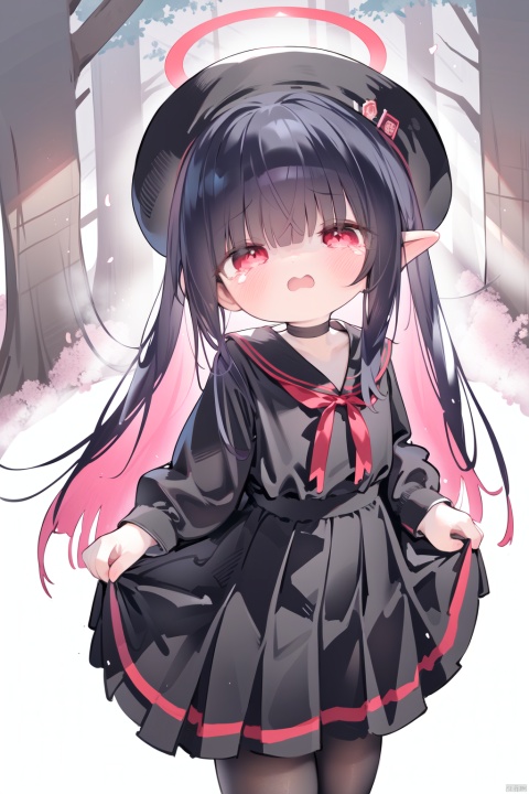  (masterpiece:1.1), (best quality:1.2), highres, original, extremely detailed wallpaper, official art,1girl, solo, long hair, (little_girl:1.2),dress,(petite:1.1),bright_pupils,gothic_lolita,loli,looking at viewer, blush, bangs, shirt, long sleeves, hat,  ribbon,,Open mouth indicating flustered,sad,tears,open mouth,  outdoors, frills, red ribbon, black headwear, loli,  bangs, skirt, black hair, red eyes,  full body, pleated skirt, choker, miniskirt, blunt bangs, gradient, black pantyhose, black choker, halo,thighband pantyhose, 