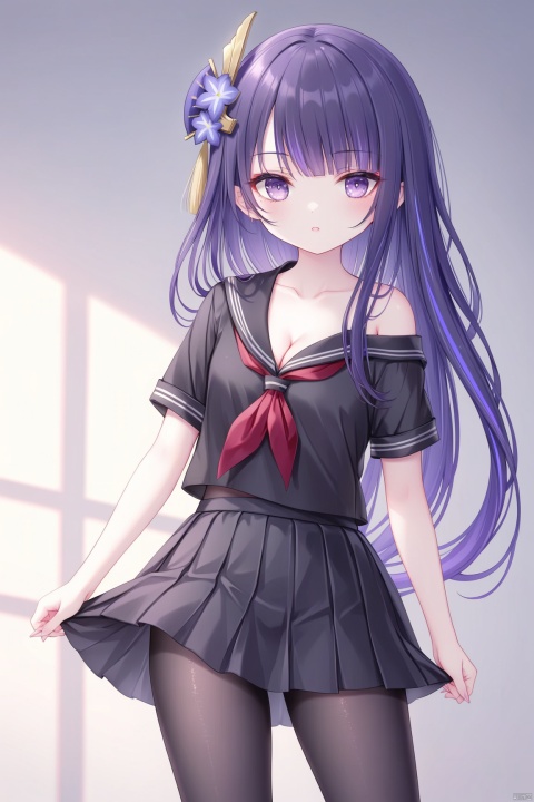  [pottsness],[iumu],[Sheya], 1girl,solo,single bare shoulder, black serafuku,black shirt, short sleeves,standing,cowboy shot,cleavage,black pantyhose,best quality, amazing quality, very aesthetic, absurdres,raiden shogun, loli