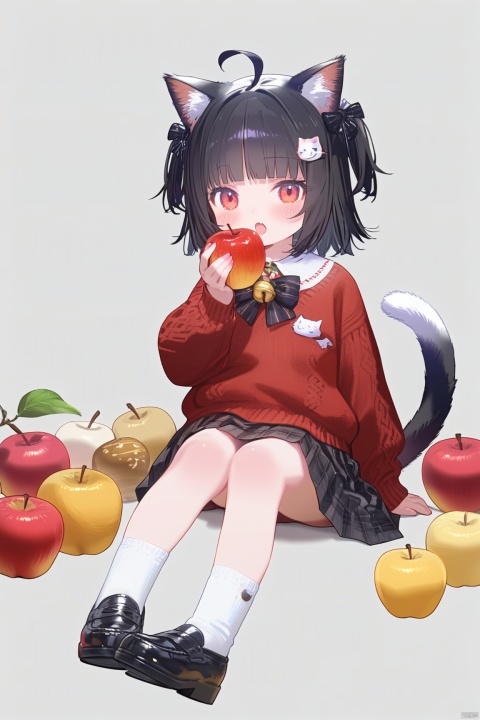 1girl, solo, looking at viewer, blush, short hair, open mouth, bangs, skirt, shirt, black hair, hair ornament, red eyes, long sleeves, white background, bow, holding, animal ears, sitting, tail, full body, ahoge, hair bow, pleated skirt, food, shoes, socks, puffy sleeves, cat ears, black skirt, black footwear, sweater, two side up, cat tail, animal ear fluff, plaid, bell, black bow, fruit, plaid skirt, holding food, cat girl, white socks, loafers, red shirt, jingle bell, puffy long sleeves, apple, holding fruit, red sweater