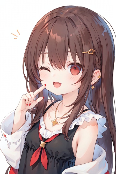  masterpiece,best quality,high quality,loli,1girl, solo, long hair, looking at viewer, smile, open mouth, bangs, brown hair, black hair, hair ornament, red eyes, bare shoulders, jewelry, collarbone, earrings, one eye closed, teeth, hairclip, hand up, necklace, nail polish, v, fangs, ;d, portrait, red nails, , cuteloli