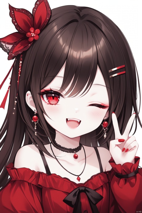 ,[iumu],[Sheya],[Artist chen bin], masterpiece,best quality,high quality,loli,1girl, solo, long hair, looking at viewer, smile, open mouth, bangs, brown hair, black hair, hair ornament, red eyes, bare shoulders, jewelry, collarbone, earrings, one eye closed, teeth, hairclip, hand up, necklace, nail polish, v, fangs, ;d, portrait, red nails
