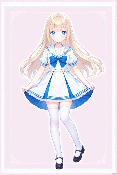 solo,1girl,thighhighs,blonde_hair,long_hair,blue_eyes,mary_janes,shoes,dress,white_thighhighs,sailor_dress,full_body,standing,bow,zettai_ryouiki,smile