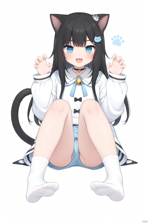  best-A,(nachoneko:0.8),1girl, solo, looking at viewer, smile, open mouth, bangs, blue eyes, black hair, thighhighs, long sleeves, white background, animal ears, tail, full body, :d, heart, shorts, socks, virtual youtuber, cat ears, feet, cat tail, bell, toes, :3, no shoes, soles, cat girl, neck bell, tail ornament, foot focus, claw pose, paw print,loli