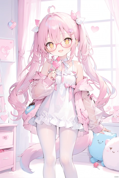  see-through,long hair, breasts, looking at viewer, blush, smile, open mouth, bangs, hair ornament, long sleeves, dress, holding, 1girl, hair between eyes, bare shoulders, twintails, very long hair, jacket, yellow eyes, pink hair, ahoge, :d, heart, detached sleeves, glasses, hairclip, looking back, indoors, hood, white dress, sleeves past wrists, symbol-shaped pupils, heart-shaped pupils, candy, lollipop, heart ahoge, pink-framed eyewear,standing, tail, heart, white pantyhose, thighs, no shoes,full body