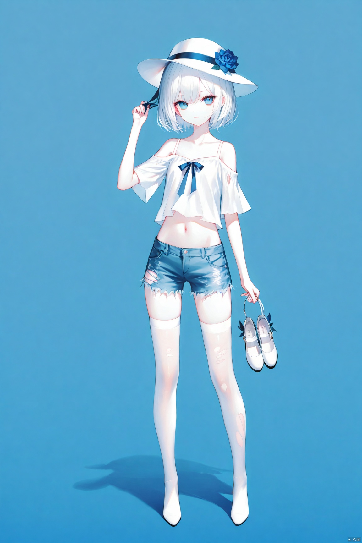 1girl, solo, looking at viewer, short hair, bangs, shirt, thighhighs, hat, navel, holding, hair between eyes, bare shoulders, closed mouth, standing, collarbone, full body, white shirt, flower, white hair, short sleeves, shoes, shorts, midriff, off shoulder, white thighhighs, torn clothes, short shorts, clothing cutout, white headwear, no shoes, denim, blue shorts, denim shorts, shoulder cutout, holding shoes,[iumu],[Sheya],[Artist chen bin],