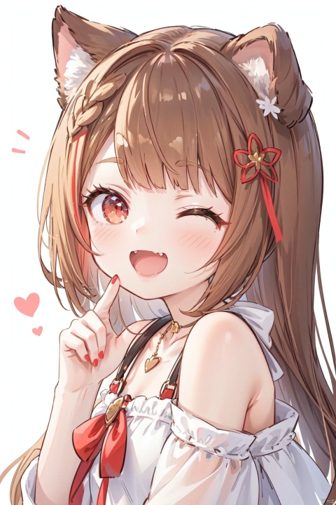 masterpiece,best quality,high quality,loli,1girl, solo, long hair, looking at viewer, smile, open mouth, bangs, brown hair, black hair, hair ornament, red eyes, bare shoulders, jewelry, collarbone, earrings, one eye closed, teeth, hairclip, hand up, necklace, nail polish, v, fangs, ;d, portrait, red nails, vajra (granblue fantasy)