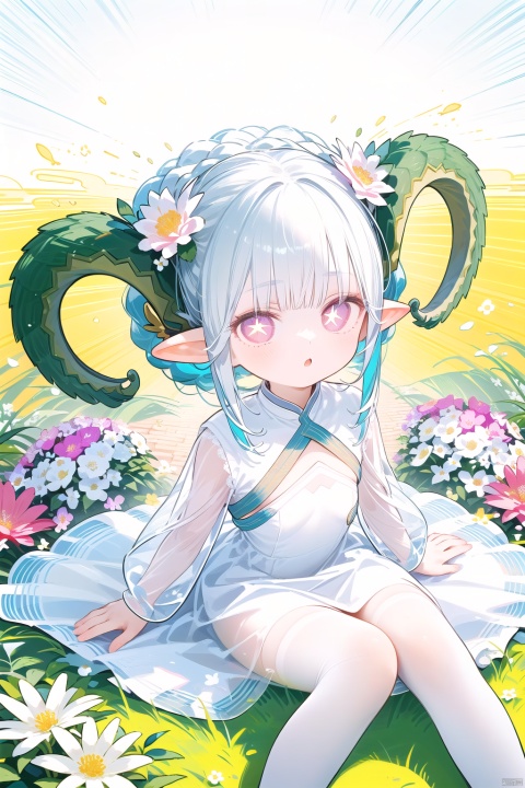  ((best quality)),((masterpiece)),((ultra-detailed)),(illustration),(detailed light),(an extremely delicate and beautiful),
twintails, 1girl, pointy ears, round face,(petite child:1.2),tiamat_(fate),curled_horns,symbol-shaped_pupils,small_breasts,solo,looking_at_viewer,braid,+_+,
Wallpaper,1girl,(girl middle of flower:1.4),clear sky,outside,sitting on the ground,(pure white dress, pure white silk cloth:1.5),(ground of flowers, thousand of flowers, colorful flowers, flowers around her, various flowers:1.51),young,stunning,attractive,
, white pantyhose, nai3