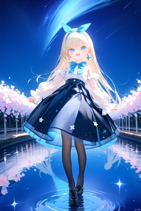 1girl, solo, long hair, looking at viewer, smile, open mouth, bangs, blue eyes, skirt, blonde hair, shirt, long sleeves, dress, bow, bare shoulders, jewelry, standing, full body, white shirt, flower, :d, pantyhose, hairband, earrings, frills, detached sleeves, shoes, puffy sleeves, bowtie, star \(symbol\), black footwear, blue skirt, see-through, black pantyhose, blue bow, white flower, puffy long sleeves, high-waist skirt, blue bowtie, blue hairband, see-through sleeves
(masterpiece),(best quality),illustration,ultra detailed,hdr,Depth of field,(colorful),(reflection light), incredibly absurdres, (Movie Poster),   clear boundaries of the cloth,