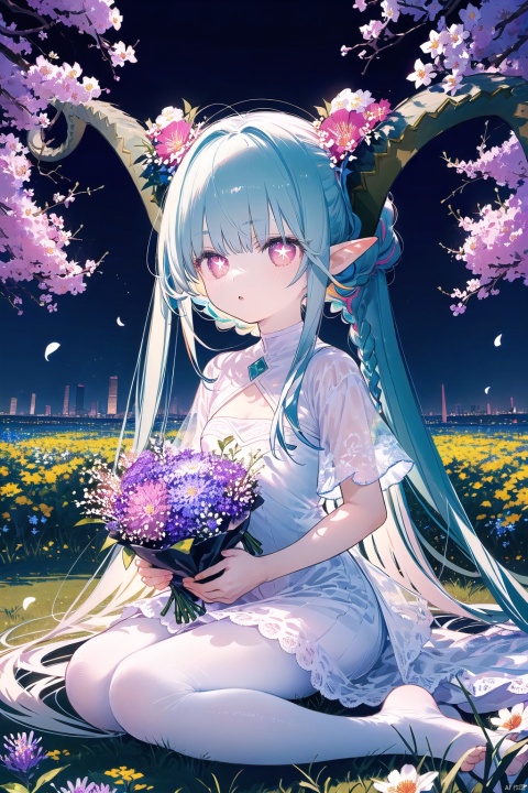  ((best quality)),((masterpiece)),((ultra-detailed)),(illustration),(detailed light),(an extremely delicate and beautiful),
twintails, 1girl, pointy ears, round face,(petite child:1.2),tiamat_(fate),curled_horns,symbol-shaped_pupils,small_breasts,solo,looking_at_viewer,braid,+_+,
Wallpaper,1girl,(girl middle of flower:1.4),clear sky,outside,sitting on the ground,(pure white dress, pure white silk cloth:1.5),(ground of flowers, thousand of flowers, colorful flowers, flowers around her, various flowers:1.51),young,stunning,attractive,
, white pantyhose, White hair,nai3